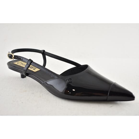 Chanel 22K Black Patent Leather CC Sling Slingback Sandal Pointed Kitten Heel 37 - Picture 4 of 14